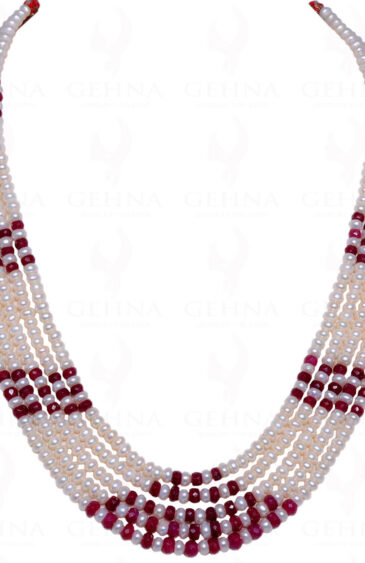 5 Rows Of  Pearl & Ruby Gemstone Round Bead Necklace NM-1013