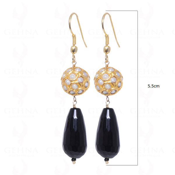 Black Onyx Gemstone Bead Earrings With Pearl Studded Jadau Ball LE01-1013