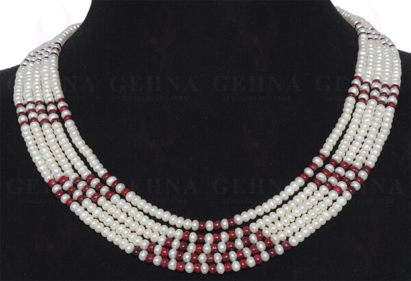5 Rows Of  Pearl & Ruby Gemstone Round Bead Necklace NM-1013