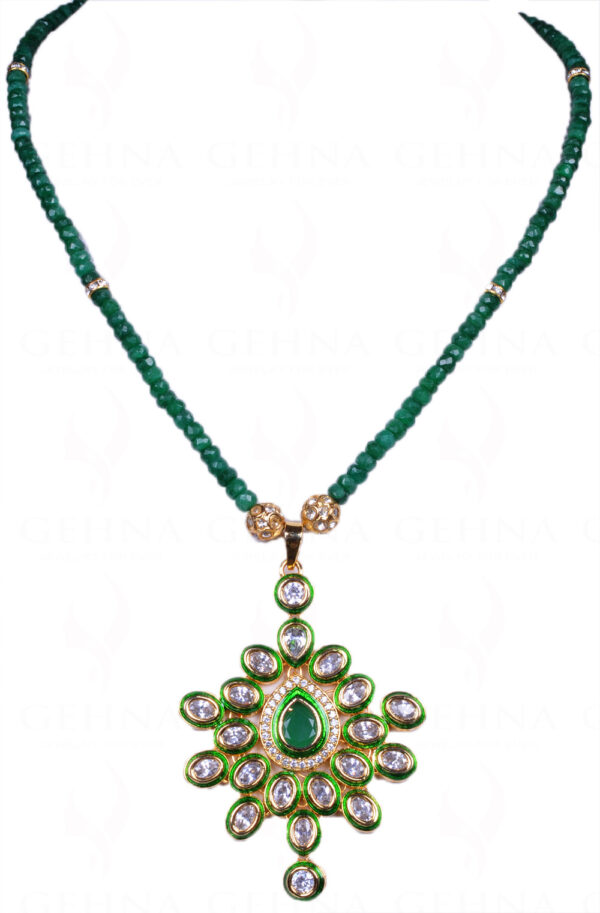 Emerald & White Topaz Studded Tradition Pendant With Emerald Bead Chain FN-1013