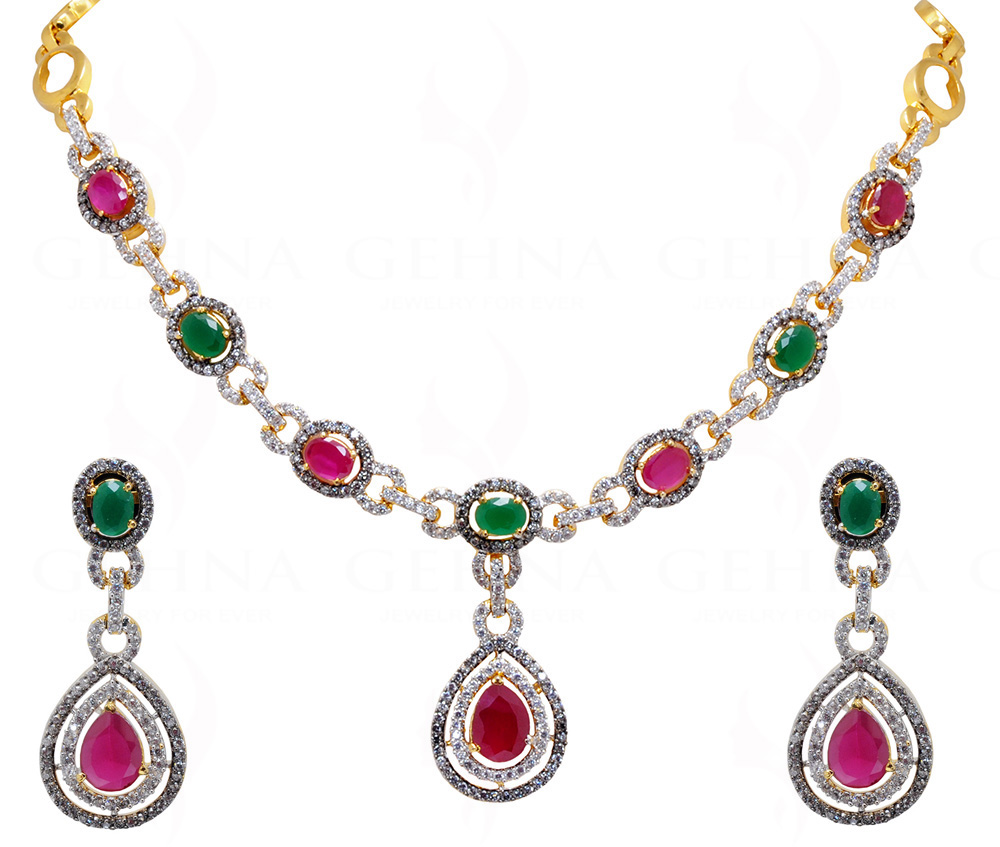 White Topaz Ruby & Emerald Studded Necklace & Earring Set FN-1014