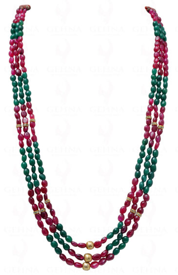 3 Rows Of Emerald & Ruby Gemstone Oval Shaped Bead Necklace NP-1014