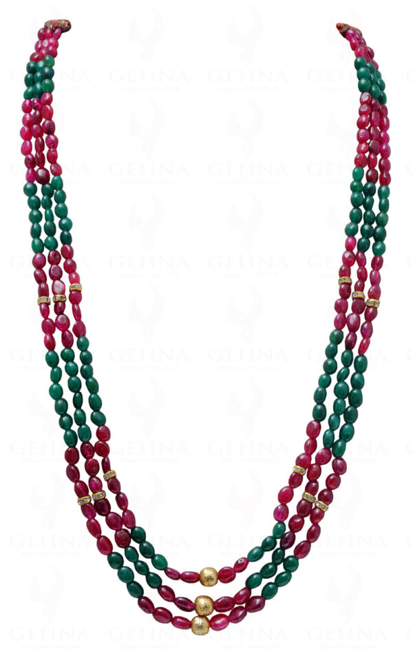 3 Rows Of Emerald & Ruby Gemstone Oval Shaped Bead Necklace NP-1014