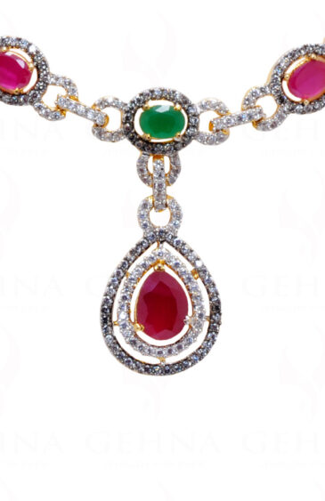 White Topaz Ruby & Emerald Studded Necklace & Earring Set FN-1014