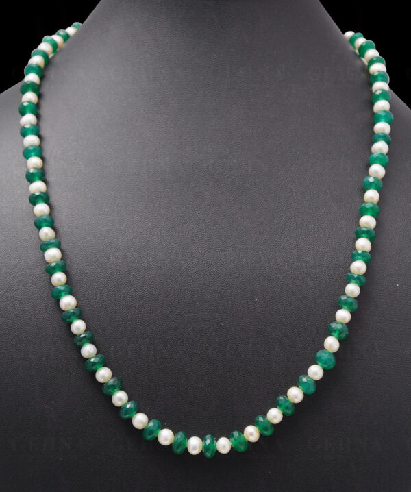 Pearl & Green Onyx Gemstone Round Faceted Bead Strand NM-1014