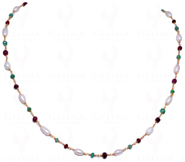 18" Emerald Ruby Pearl Bead Chain In .925 Sterling Silver Cm1015