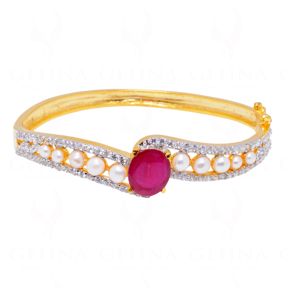 Pearl Ruby & Cubic Zirconia Studded Yellow Gold Plated Bracelet FB-1016