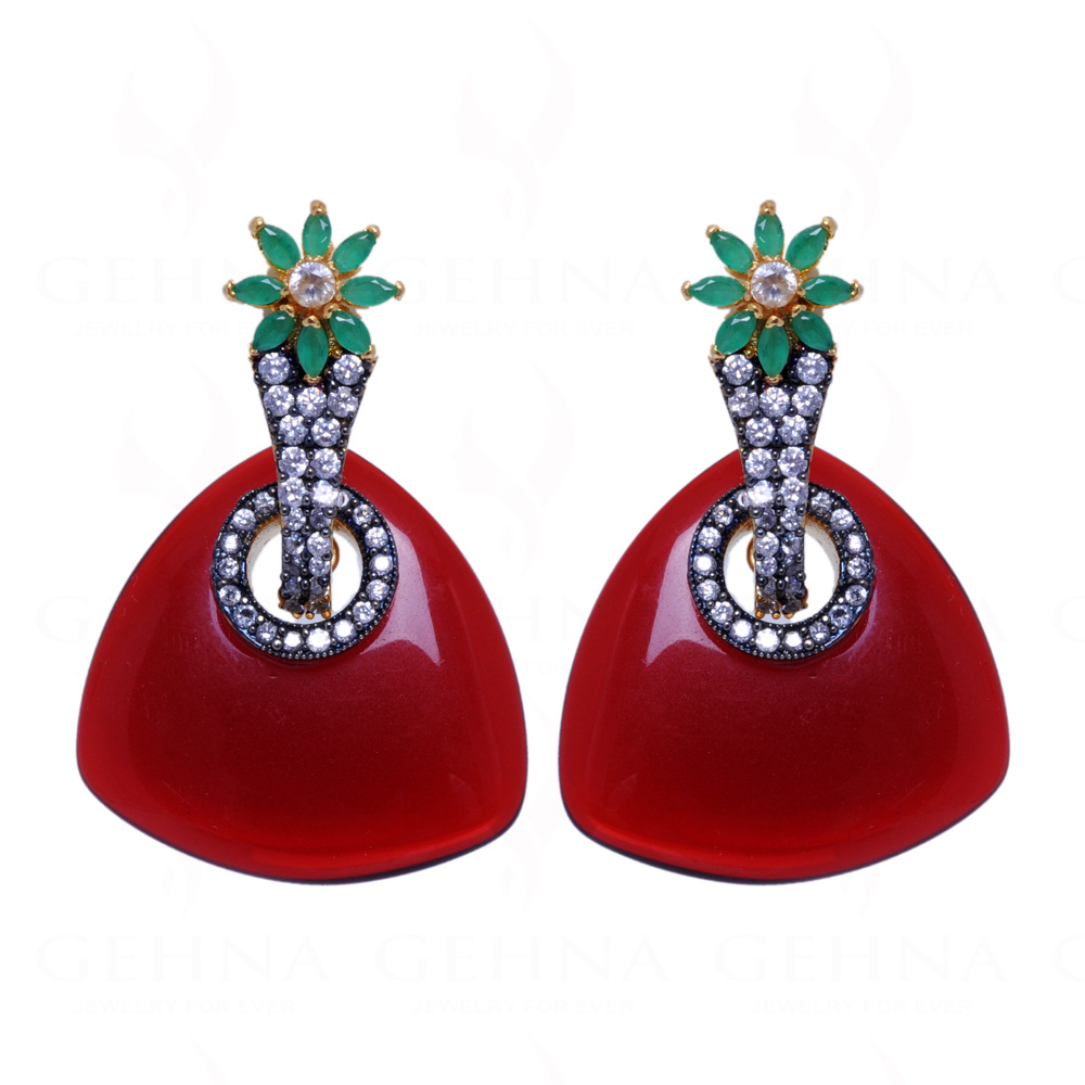 Onyx, Simulated Diamond & Emerald Studded Earrings FE-1016