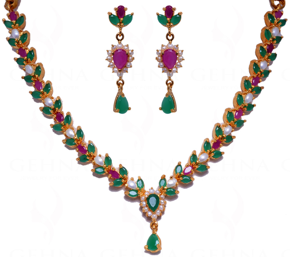 Pearl, Ruby & Emerald Color Stone Studded Necklace & Earring Set FN-1016