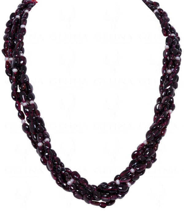 6 Rows Of Fresh Water Pearl & Garnet Gemstone Bead Twisted Necklace NM-1016