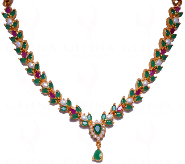 Pearl, Ruby & Emerald Color Stone Studded Necklace & Earring Set FN-1016