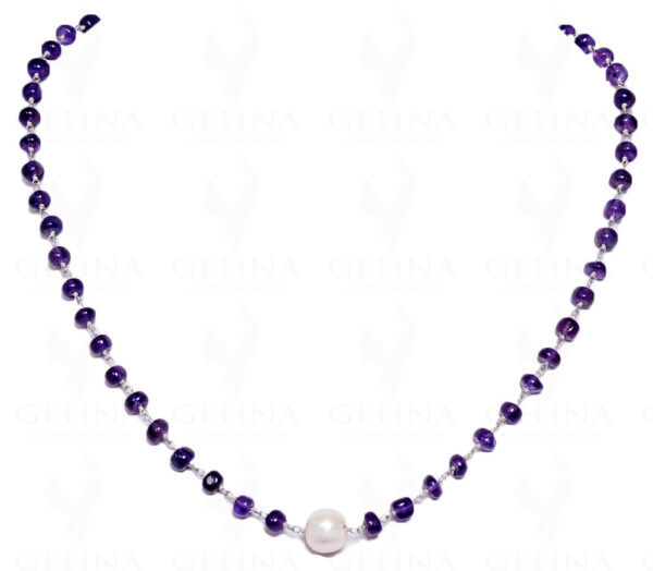 Amethyst Round Cabochon Pearl Bead Chain In .925 Sterling Silver Cm1017