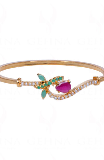 Pearl Ruby & Emerald Studded Yellow Gold Plated Bracelet FB-1017