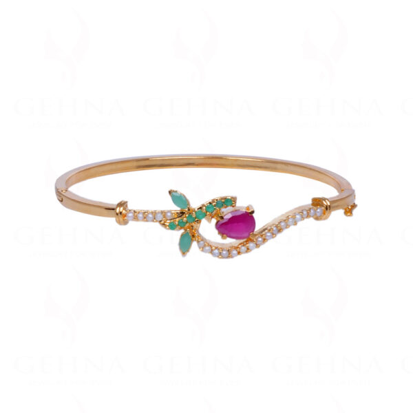 Pearl Ruby & Emerald Studded Yellow Gold Plated Bracelet FB-1017