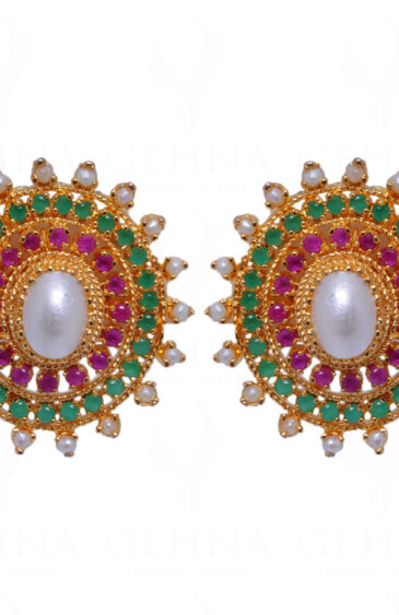 Pearl, Emerald & Ruby Studded Festive Earrings FE-1017