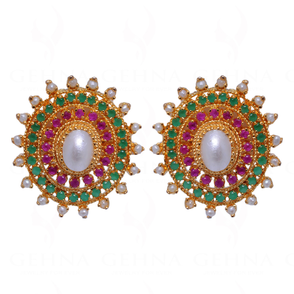 Pearl, Emerald & Ruby Studded Festive Earrings FE-1017