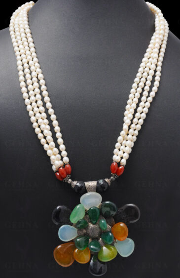 Sea Water Pearl & Multi Color Onyx Gemstone Bead With Silver Pendant NM-1017