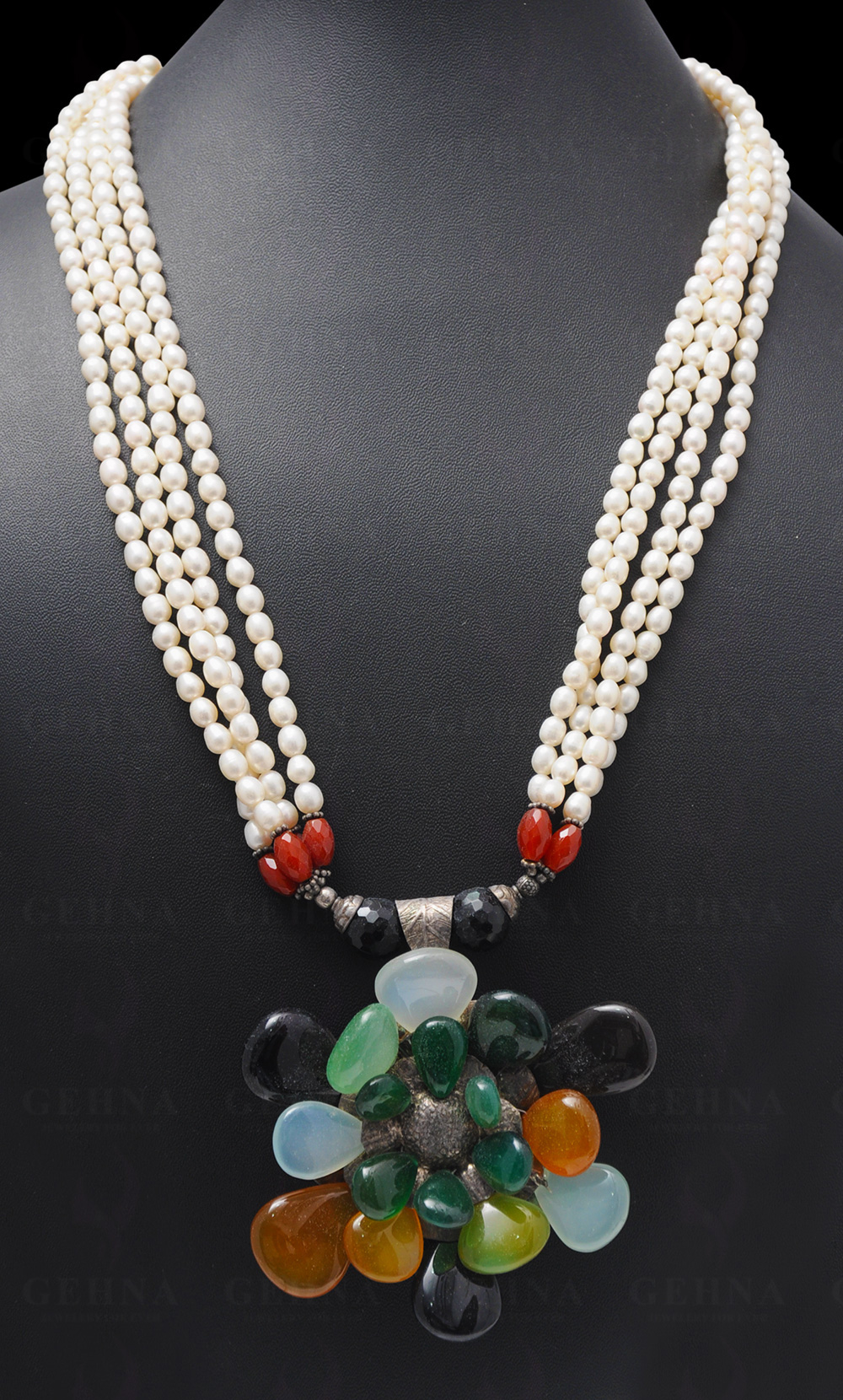 Sea Water Pearl & Multi Color Onyx Gemstone Bead With Silver Pendant NM-1017