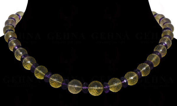 Amethyst & Lemon Topaz Gemstone Round Faceted Bead Strand Necklace NS-1017