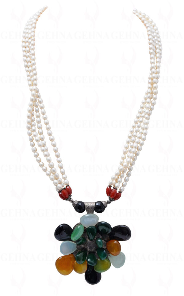 Sea Water Pearl & Multi Color Onyx Gemstone Bead With Silver Pendant NM-1017