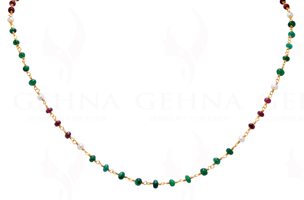 Natural Emerald Ruby Pearl Plain Bead Chain In .925 Sterling Silver Cm1019