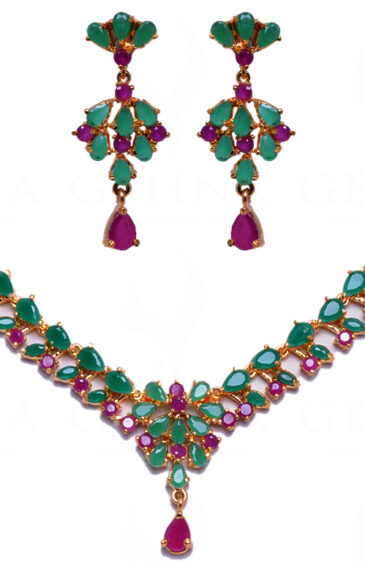 Ruby & Emerald Color Stone Studded Necklace & Earring Set FN-1019