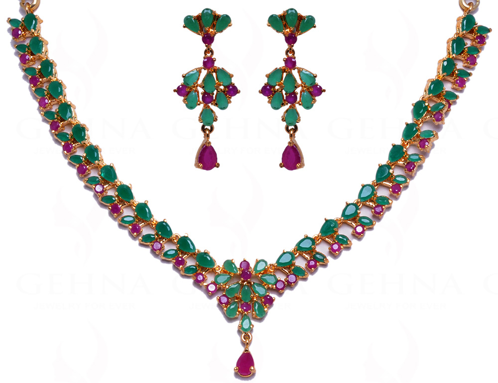 Ruby & Emerald Color Stone Studded Necklace & Earring Set FN-1019
