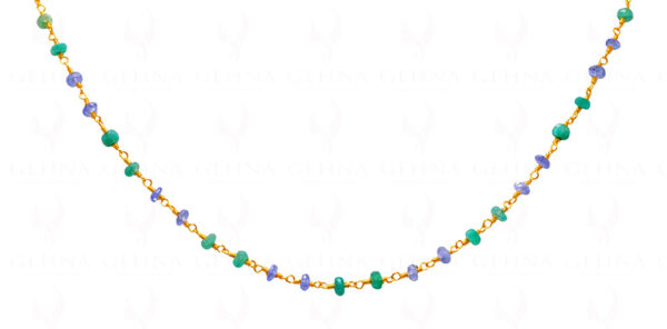 Emerald & Sapphire Bead Chain Linked In .925 Silver - Yellow Polish CP-1019