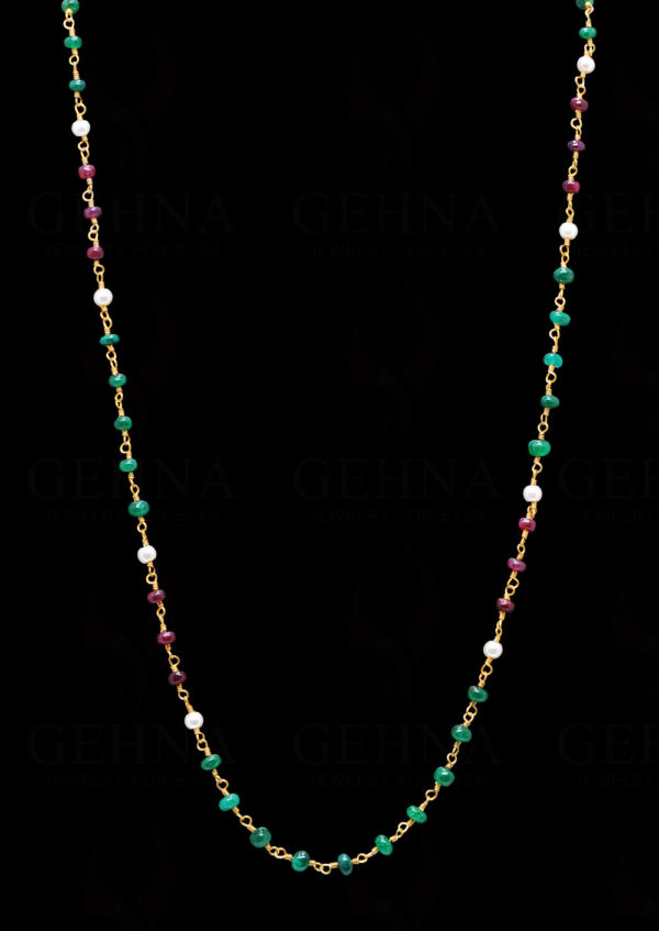 Natural Emerald Ruby Pearl Plain Bead Chain In .925 Sterling Silver Cm1019