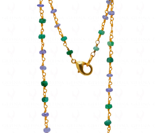 Emerald & Sapphire Bead Chain Linked In .925 Silver - Yellow Polish CP-1019