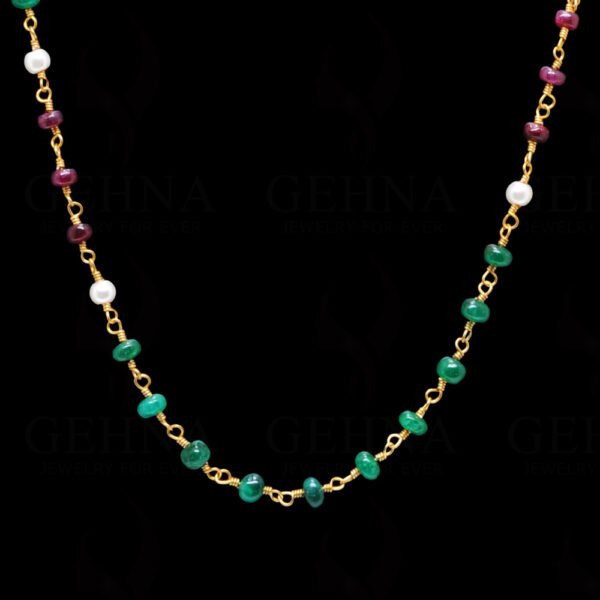 Natural Emerald Ruby Pearl Plain Bead Chain In .925 Sterling Silver Cm1019