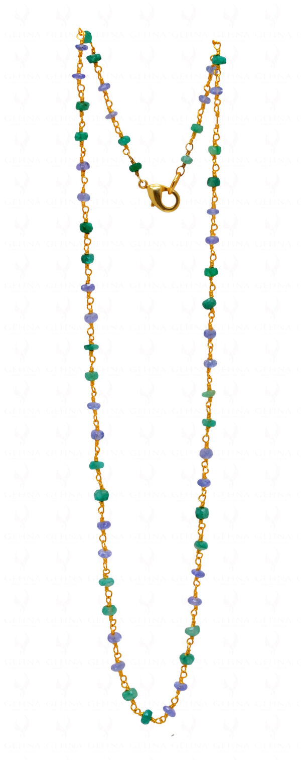 Emerald & Sapphire Bead Chain Linked In .925 Silver - Yellow Polish CP-1019