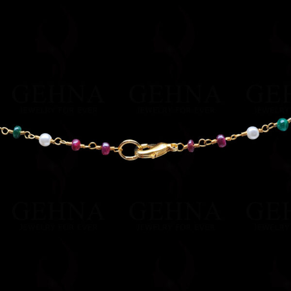 Natural Emerald Ruby Pearl Plain Bead Chain In .925 Sterling Silver Cm1019