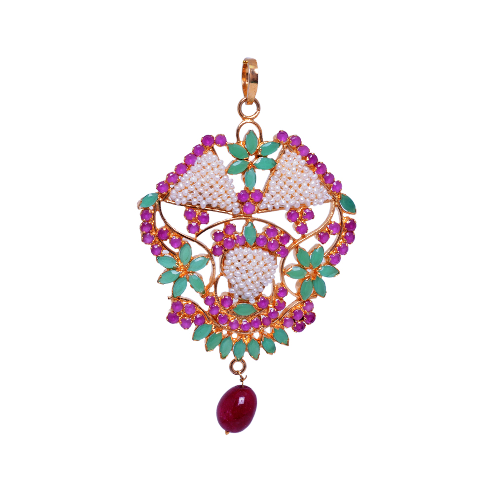 Classic Pearl, Ruby & Emerald Studded Pendant & Earring Set FP-1020