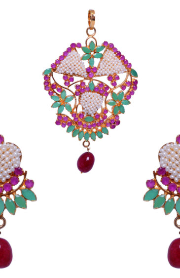 Classic Pearl, Ruby & Emerald Studded Pendant & Earring Set FP-1020