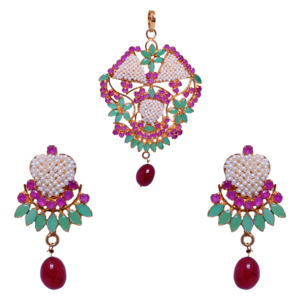 Classic Pearl, Ruby & Emerald Studded Pendant & Earring Set FP-1020