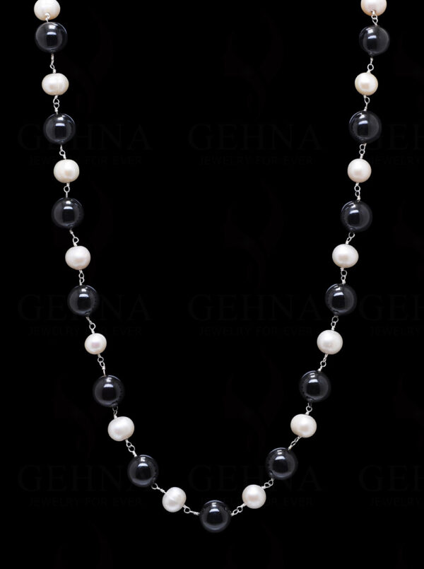 18" Black Onyx Pearl Gemstone Bead Chain In .925 Sterling Silver Cm1020