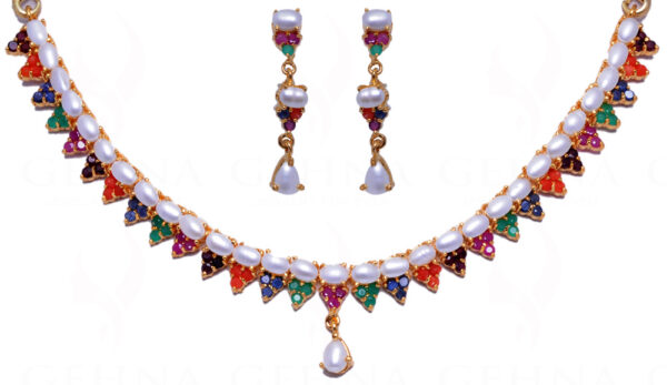 Pearl & Multicolor Stone Studded Choker Necklace & Earrings FN-1021