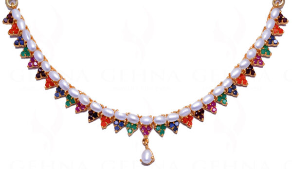 Pearl & Multicolor Stone Studded Choker Necklace & Earrings FN-1021