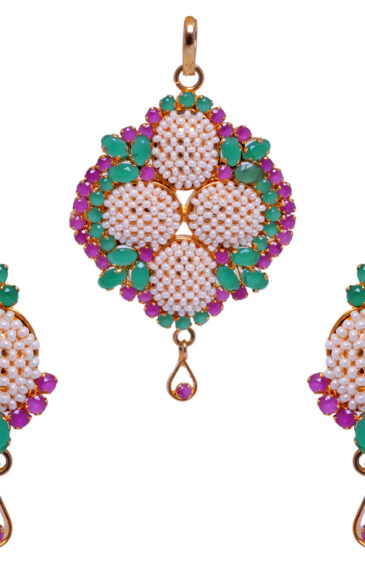 Stunning Classic Pearl, Ruby & Emerald Studded Pendant & Earring Set FP-1021
