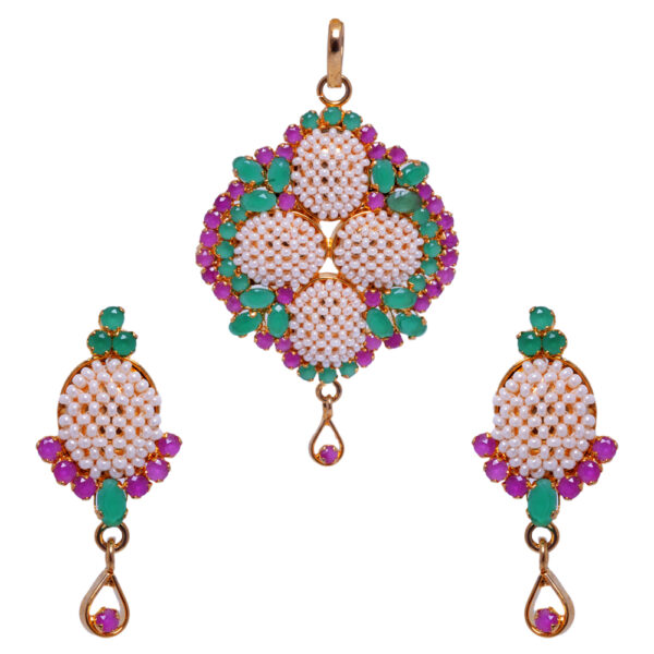 Stunning Classic Pearl, Ruby & Emerald Studded Pendant & Earring Set FP-1021