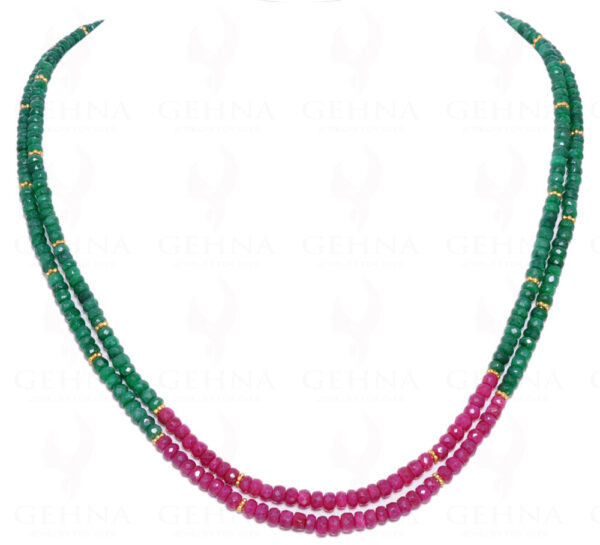 2 Rows Necklace Of Emerald & Ruby Gemstone Round Faceted Bead NP-1022