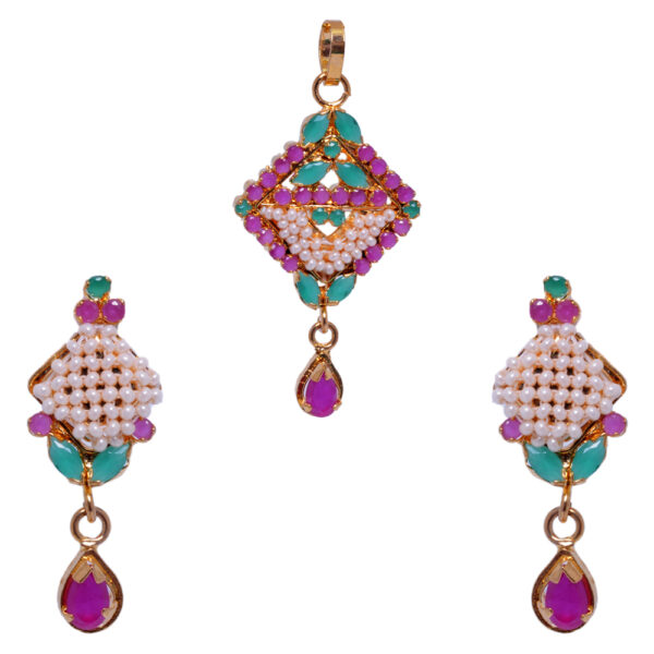 Exclusive Ruby, Pearl & Emerald Studded Pendant & Earring Set FP-1022