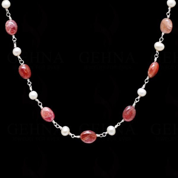 18" Pink Spinel Pearl Bead Chain In .925 Sterling Silver Cm1022