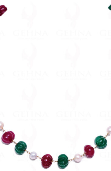 Pearl Emerald Ruby Melon Bead Chain In .925 Sterling Silver Cm1023