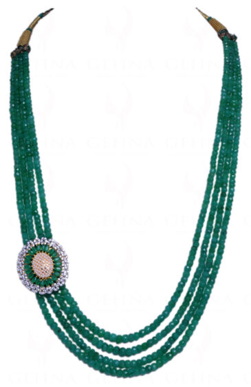 4 Rows Of Emerald Gemstone Bead With Pearl & Emerald Studded Side Pendant FN-1023