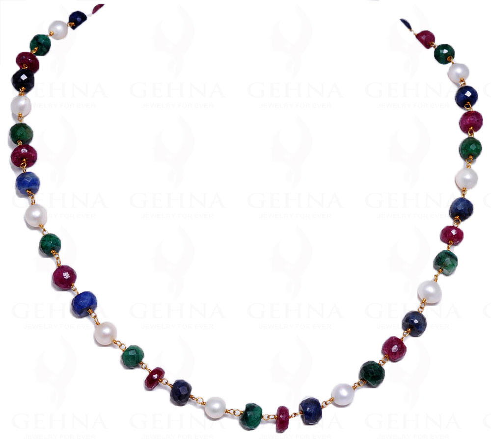 18" Pearl Emerald Ruby Bead Chain In .925 Sterling Silver Cm1024