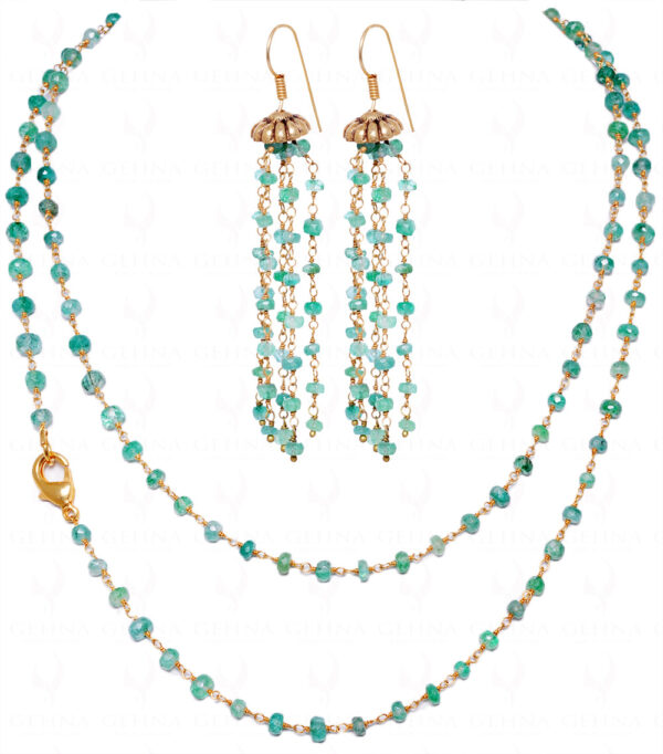 36" Emerald Bead Chain & Earrings Linked In .925 Silver - Yellow Polish CP-1024