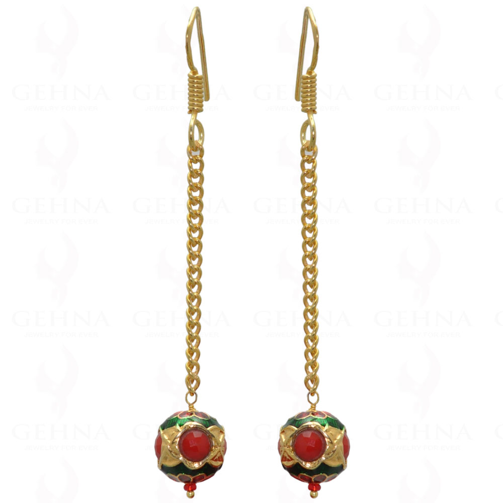 Coral Gemstone Studded Jadau Bead Earrings With Enamel Work LE01-1024