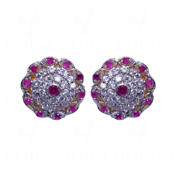 Ruby & Simulated Diamond Studded Flower Shape Earrings FE-1025